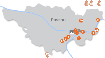 Karte mit Pensionen und anderen Unterkünften in Passau