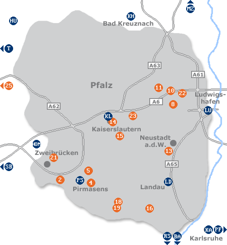 Karte mit Pensionen und anderen Unterkünften in der Pfalz