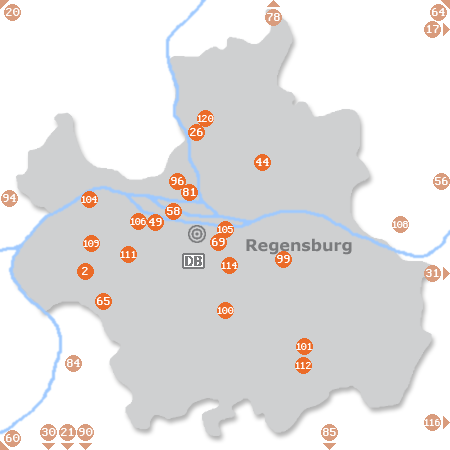 Karte mit Pensionen und anderen Unterkünften in Regensburg