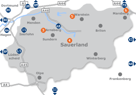 Karte mit Pensionen und anderen Unterkünften im Sauerland