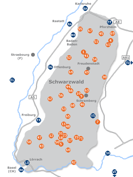Karte mit Pensionen und anderen Unterkünften im Schwarzwald