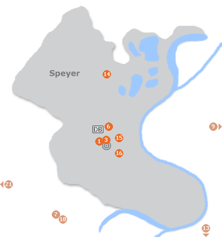 Karte mit Pensionen und anderen Unterkünften in Speyer