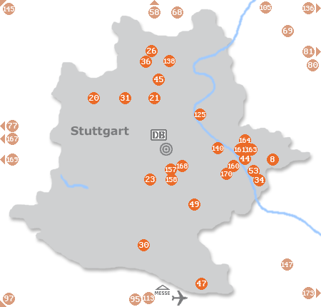 Karte mit Pensionen und anderen Unterkünften in Stuttgart