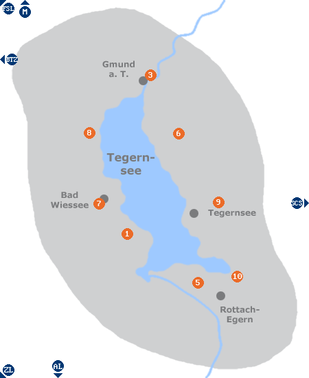 Karte mit Pensionen und anderen Unterkünften im Gebiet Tegernsee