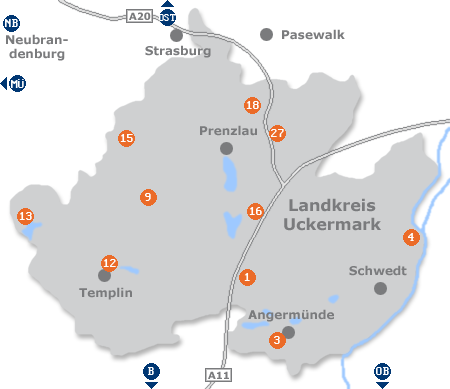 Karte mit Pensionen und anderen Unterkünften in der Uckermark