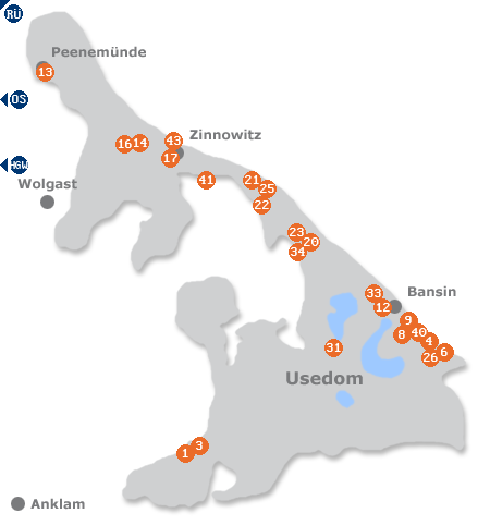 Karte mit Pensionen und anderen Unterkünften auf Usedom