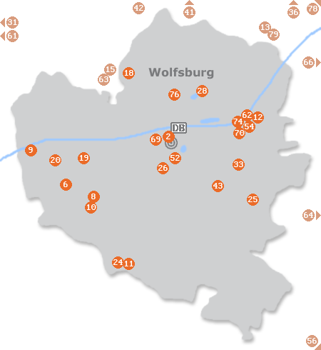 Karte mit Pensionen und anderen Unterkünften in Wolfsburg