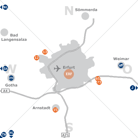 Karte mit Pensionen und anderen Unterkünften rund um Erfurt