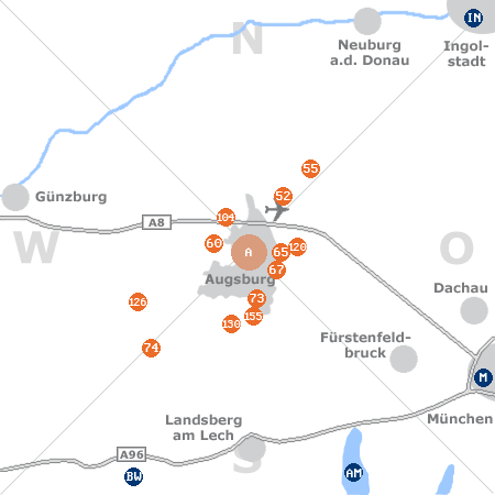 Karte mit Pensionen und anderen Unterkünften rund um Augsburg