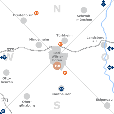 Karte mit Pensionen und anderen Unterkünften rund um Bad Wörishofen