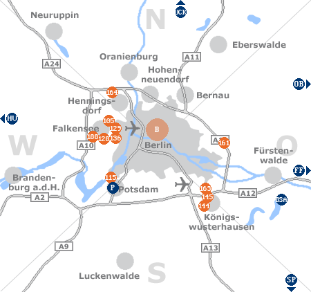 Karte mit Pensionen und anderen Unterkünften rund um Berlin