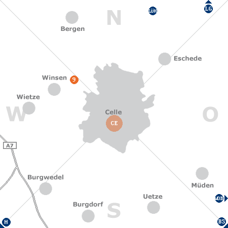 Karte mit Pensionen und anderen Unterkünften rund um Celle