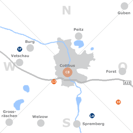 Karte mit Pensionen und anderen Unterkünften rund um Cottbus