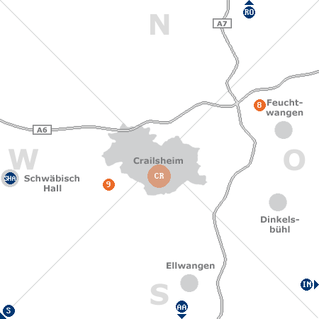 Karte mit Pensionen und anderen Unterkünften rund um Crailsheim