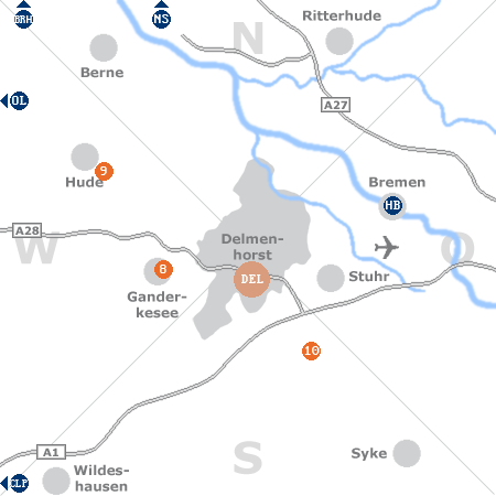 Karte mit Pensionen und anderen Unterkünften rund um Delmenhorst