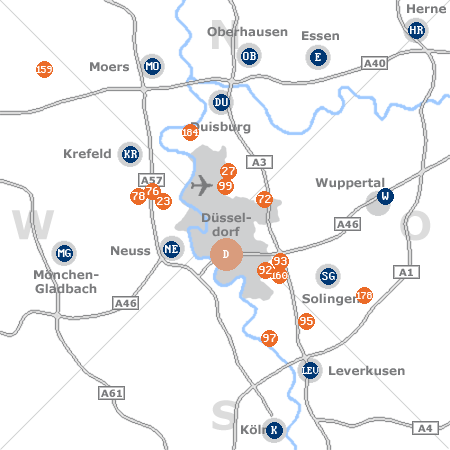Karte mit Pensionen und anderen Unterkünften rund um Düsseldorf