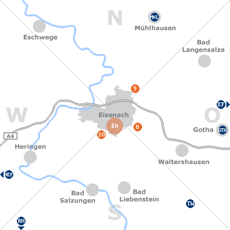 Karte mit Pensionen und anderen Unterkünften rund um Eisenach