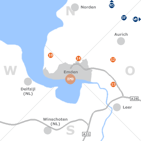 Karte mit Pensionen und anderen Unterkünften rund um Emden