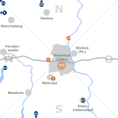 Karte mit Pensionen und anderen Unterkünften rund um Frankfurt (Oder)