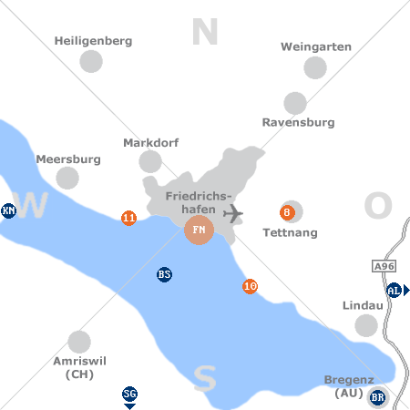 Karte mit Pensionen und anderen Unterkünften rund um Friedrichshafen