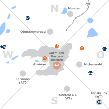 Karte mit Pensionen und anderen Unterkünften rund um Garmisch-Partenkirchen