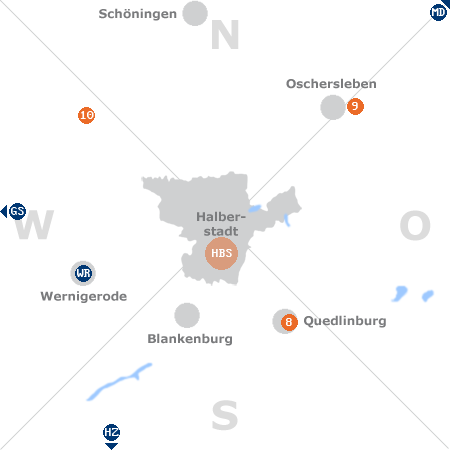 Karte mit Pensionen und anderen Unterkünften rund um Halberstadt