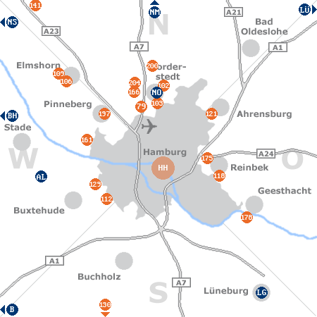 Karte mit Pensionen und anderen Unterkünften rund um Hamburg