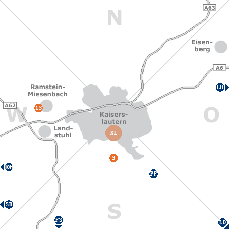 Karte mit Pensionen und anderen Unterkünften rund um Kaiserslautern