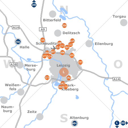 Karte mit Pensionen und anderen Unterkünften rund um Leipzig