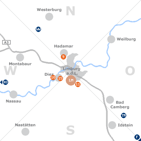 Karte mit Pensionen und anderen Unterkünften rund um Limburg an der Lahn