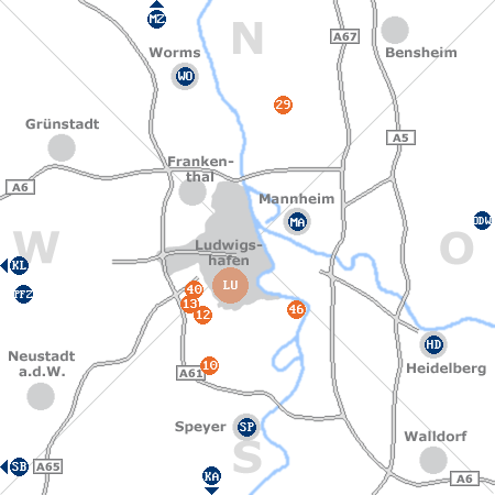 Karte mit Pensionen und anderen Unterkünften rund um Ludwigshafen