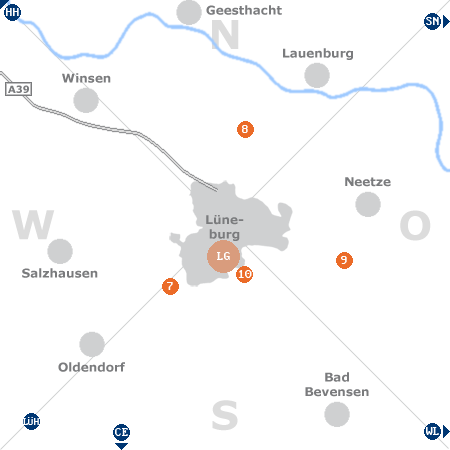 Karte mit Pensionen und anderen Unterkünften rund um Lüneburg