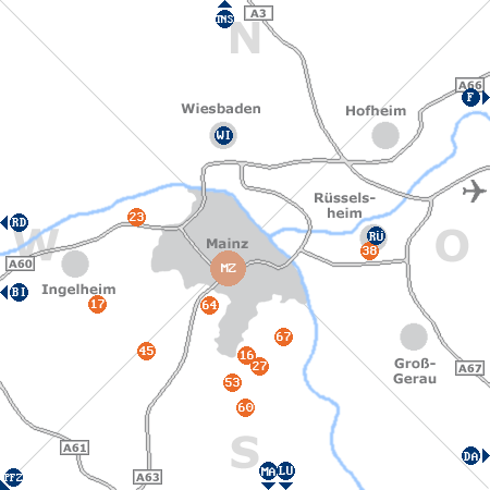 Karte mit Pensionen und anderen Unterkünften rund um Mainz