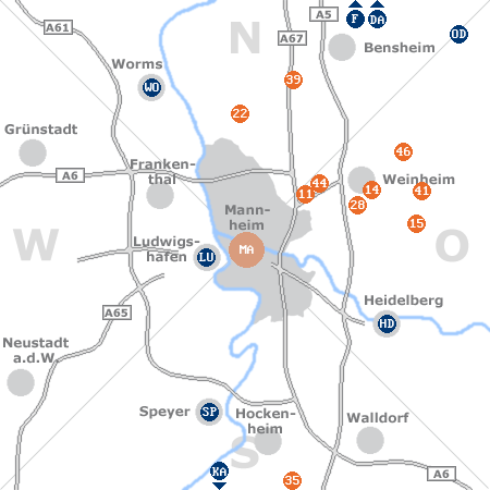 Karte mit Pensionen und anderen Unterkünften rund um Mannheim