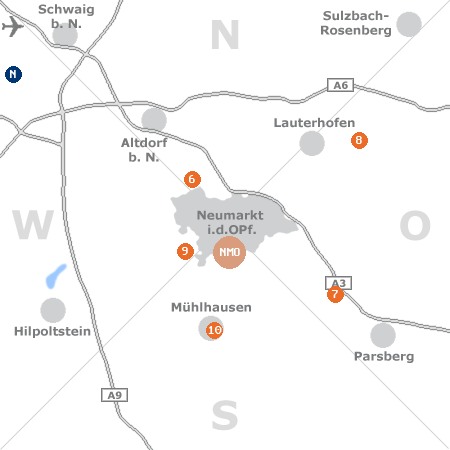 Karte mit Pensionen und anderen Unterkünften rund um Neumarkt in der Oberpfalz