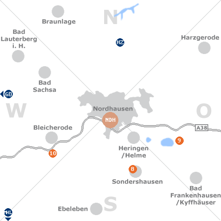 Karte mit Pensionen und anderen Unterkünften rund um Nordhausen