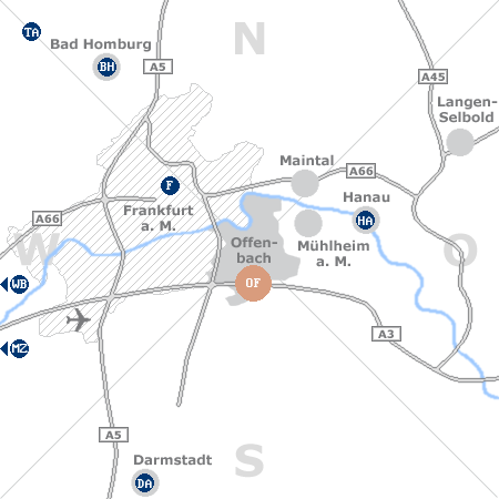 Karte mit Pensionen und anderen Unterkünften rund um Offenbach am Main