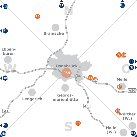 Karte mit Pensionen und anderen Unterkünften rund um Osnabrück