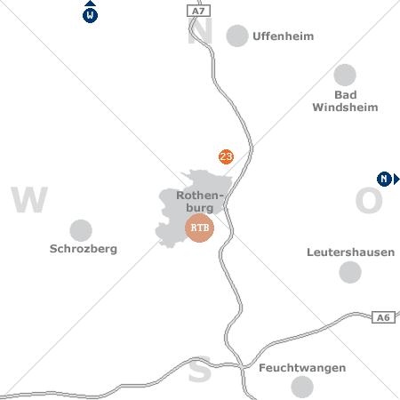 Karte mit Pensionen und anderen Unterkünften rund um Rothenburg