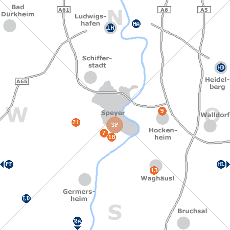 Karte mit Pensionen und anderen Unterkünften rund um Speyer