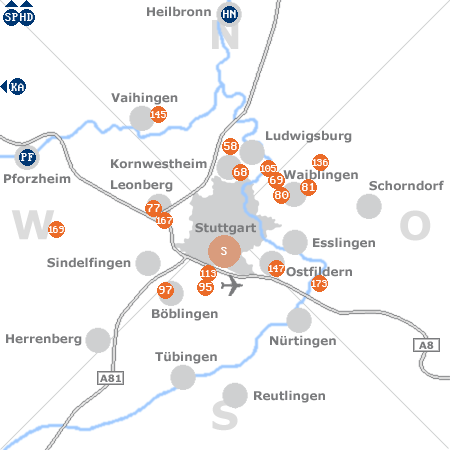 Karte mit Pensionen und anderen Unterkünften rund um Stuttgart