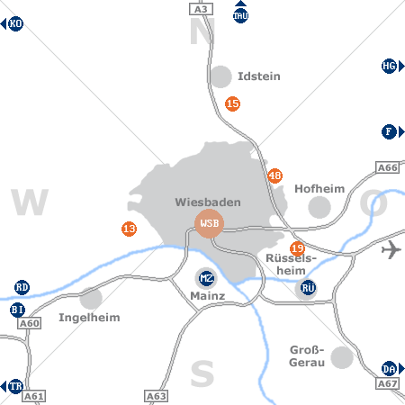 Karte mit Pensionen und anderen Unterkünften rund um Wiesbaden