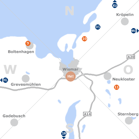 Karte mit Pensionen und anderen Unterkünften rund um Wismar