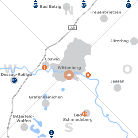 Karte mit Pensionen und anderen Unterkünften rund um Wittenberg