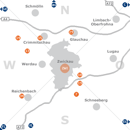 Karte mit Pensionen und anderen Unterkünften rund um Zwickau