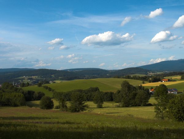 Panorama im Bayerischen Wald: blauer Himmel über Wiesen und Wäldern
