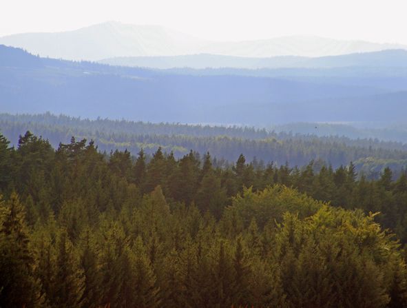 Foto Blick über das bewaldete Fichtelgebirge (aus Richtung Oberpfälzer Wald)