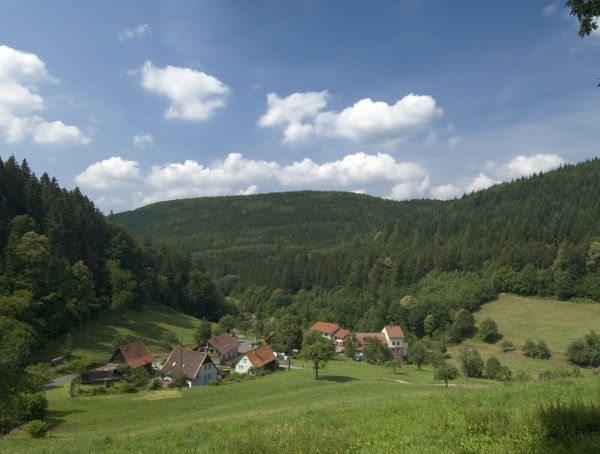 Foto kleines Dorf im Odenwald in einem Tal, umgeben von bewaldeten Bergen